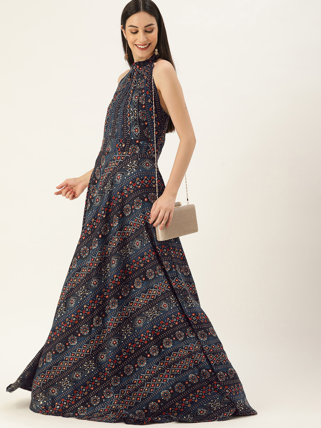 

Ethnovog Blue Black Ethnic Motifs Halter Neck Maxi Dress