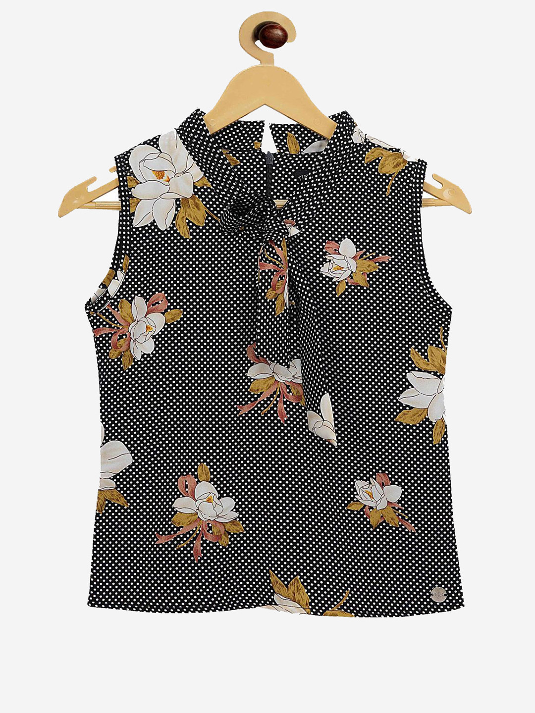 

Tiny Girl Black Floral Print Neck Tie Up Regular Top