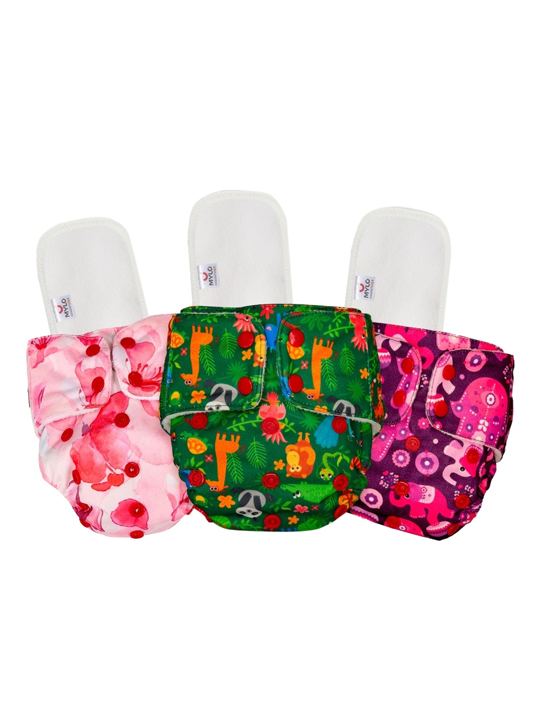 

Mylo Kids Set Of 3 Pink & Green Free Size Washable & Reusable Cloth Diaper, Multi
