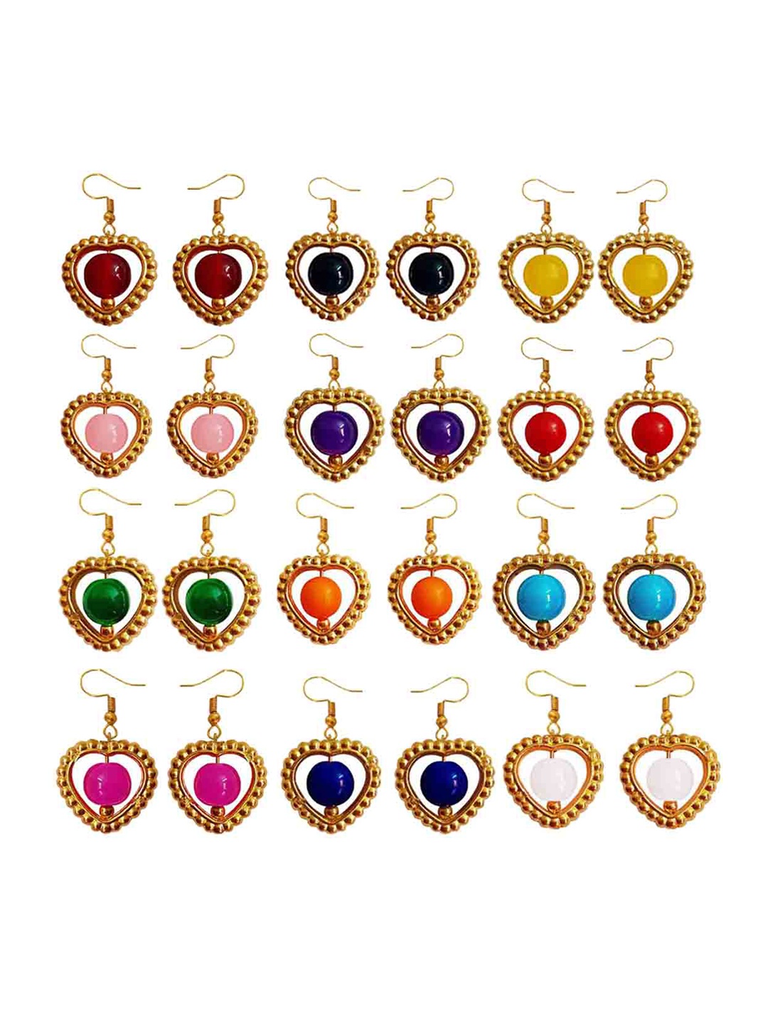 

RICH AND FAMOUS Set of 12 Gold-Plated Heart Shaped Crystal Pearls Drop Earrings, Maroon