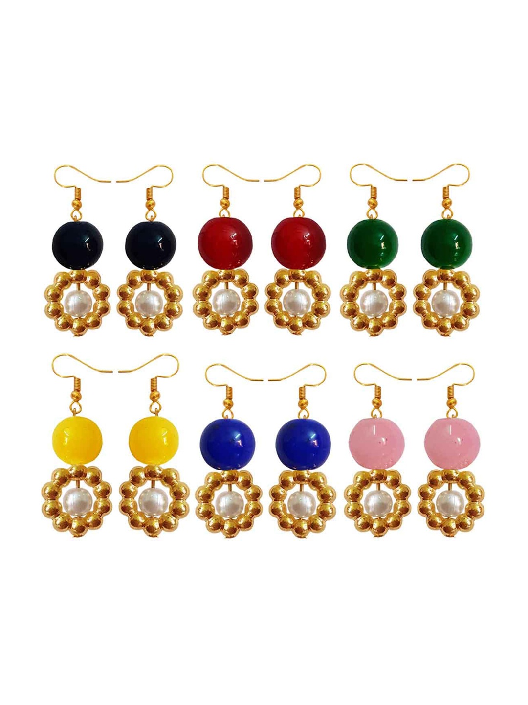 

RICH AND FAMOUS Set Of 6 Gold-Plated Contemporary Pearl Drop Earrings, Multi