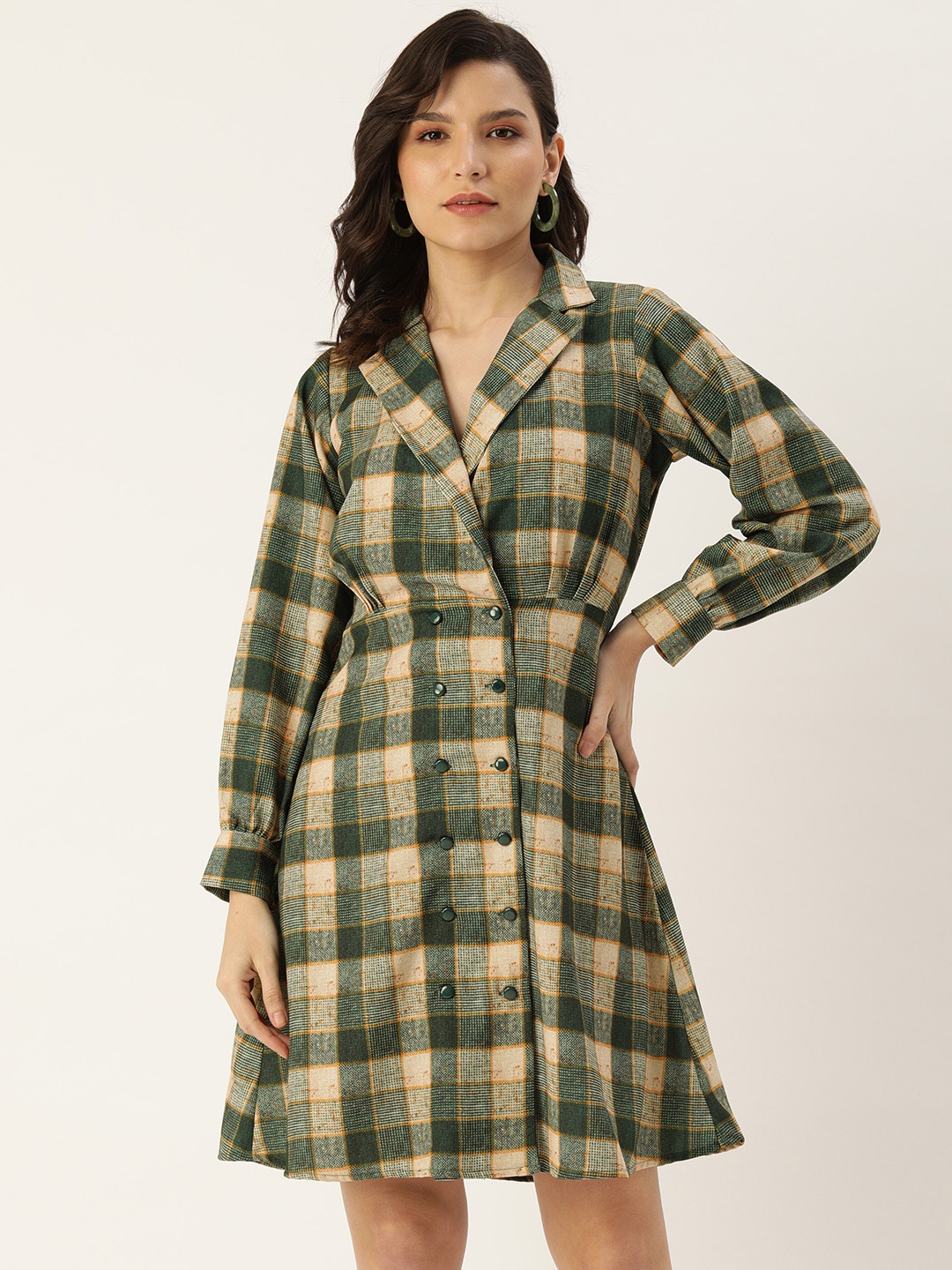 

MELOSO Cream-Coloured & Green Checked Blazer Dress