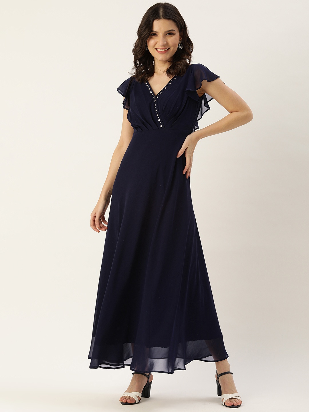 

MELOSO Navy Blue Georgette A-Line Maxi Dress with Ruffle Detail