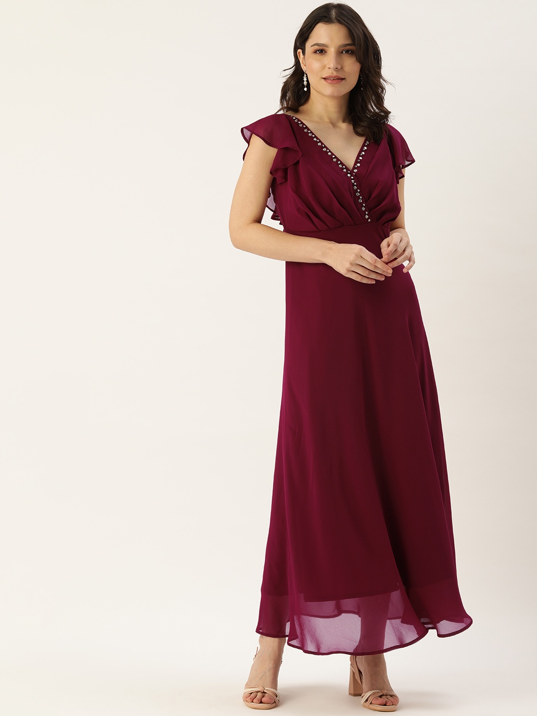 

MELOSO Burgundy Georgette A-Line Maxi Dress