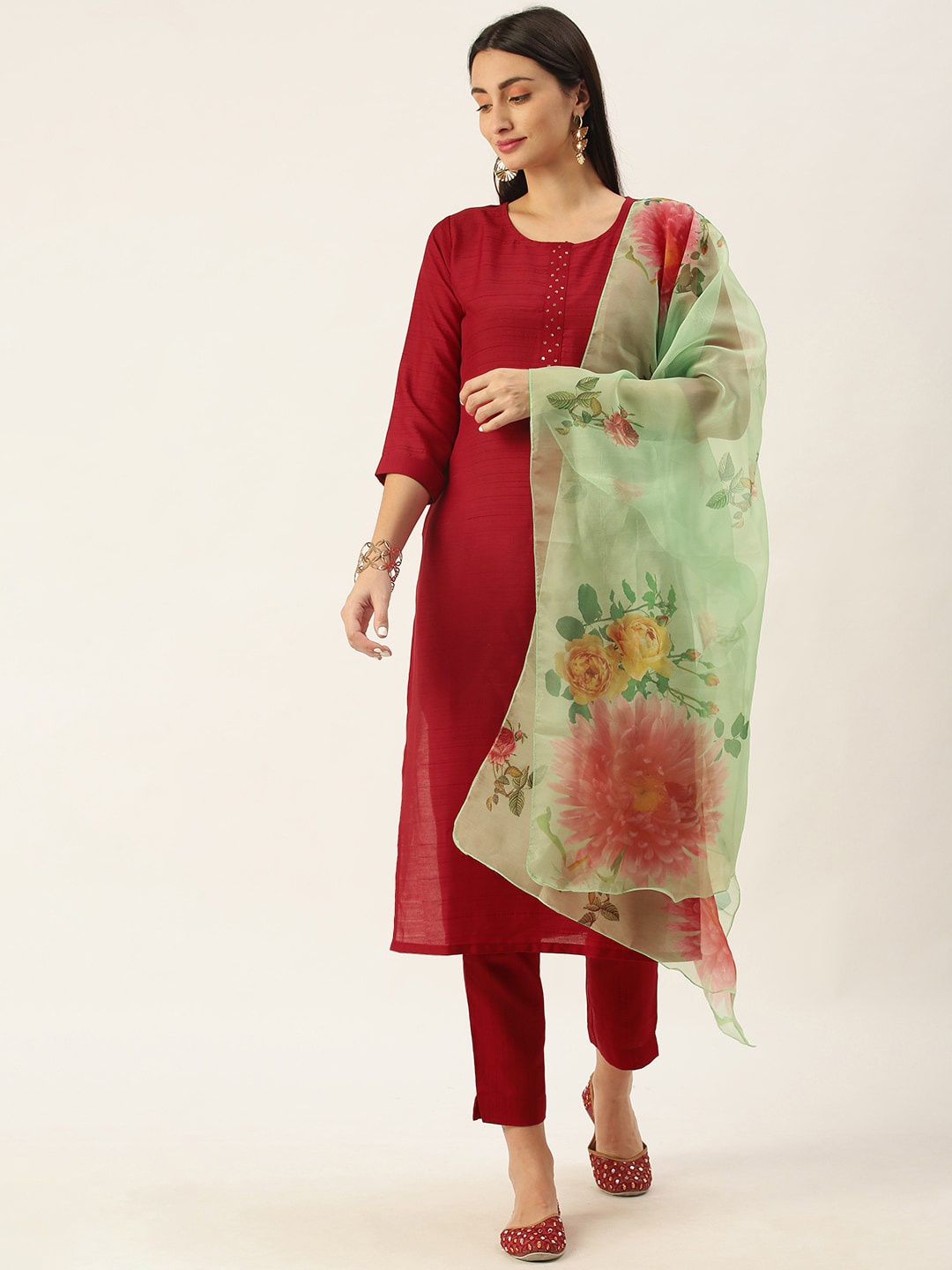 

Somras Women Red Liva Kurta with Trousers & With Dupatta