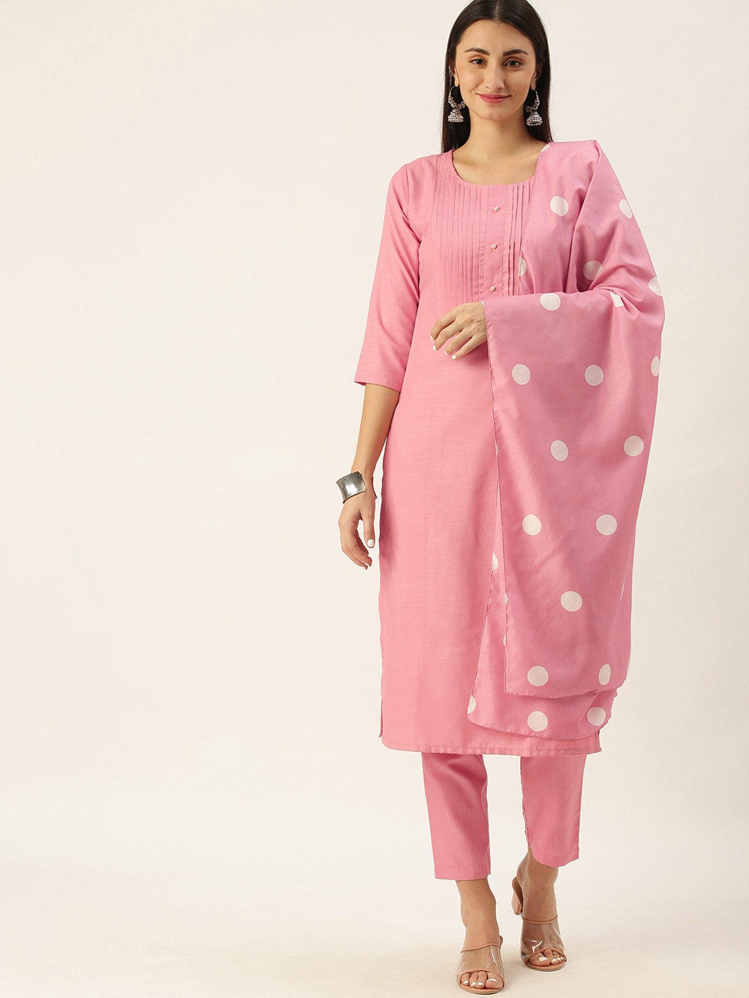 

Somras Women Peach Pleated Solid Kurta with Trousers & With Dupatta