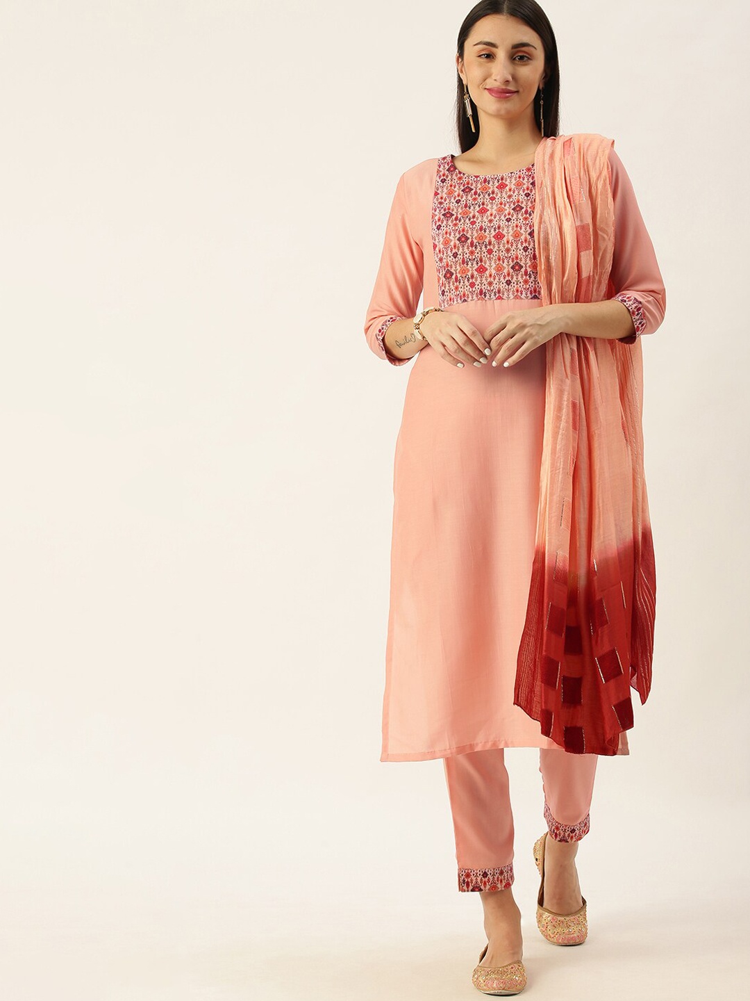 

Somras Women Pink Ethnic Motifs Yoke Design Kurta with Trousers & With Dupatta