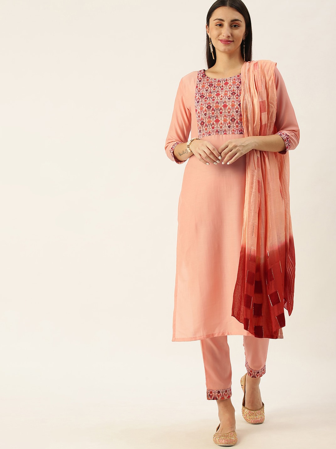 

Somras Women Pink Ethnic Motifs Yoke Design Kurta with Trousers & With Dupatta