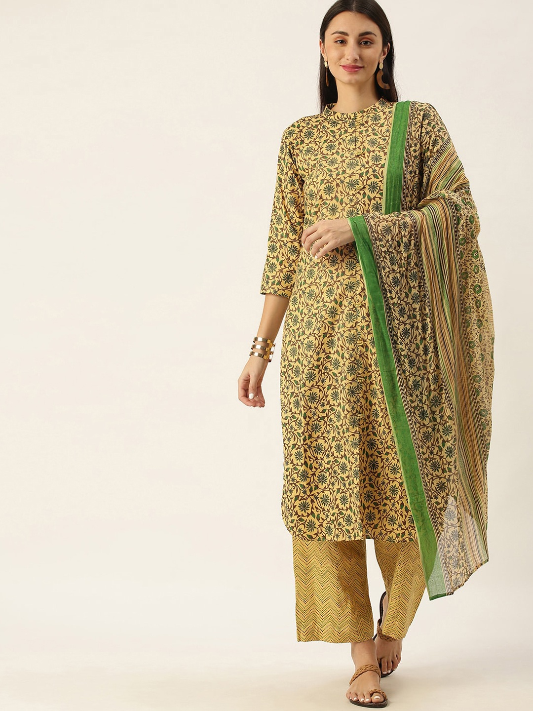 

Somras Women Mustard Yellow Floral Printed Pure Cotton Kurta with Palazzos & With Dupatta