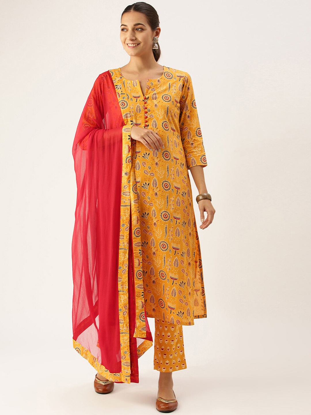 

Somras Women Yellow Ethnic Motifs Printed Pure Cotton Kurta with Trousers & Dupatta