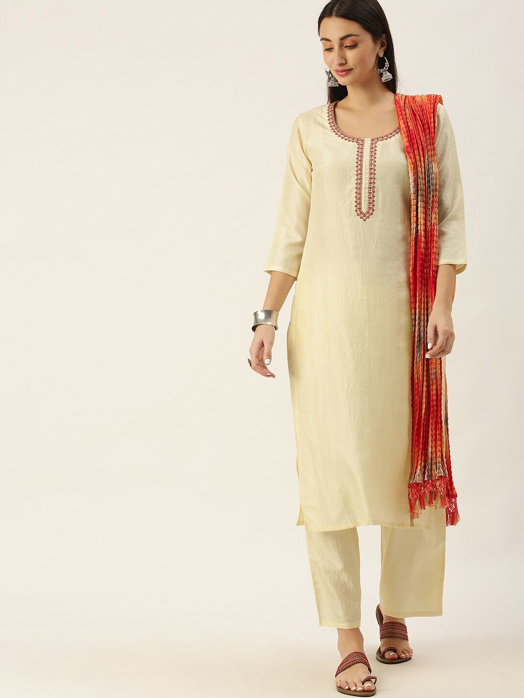 

Somras Women Beige Yoke Design Pure Cotton Kurta with Palazzos & With Dupatta
