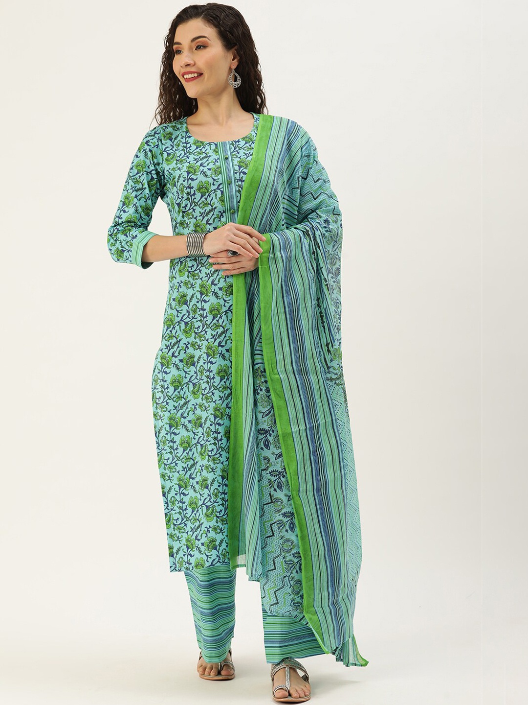 

Somras Women Sea Green Floral Printed Pure Cotton Kurta with Trousers & With Dupatta