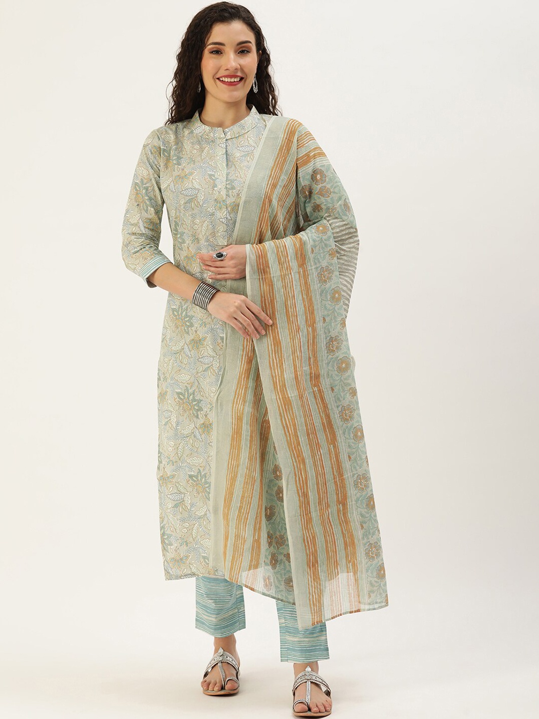 

Somras Women Grey & Blue Floral Printed Pure Cotton Kurta with Trousers & Dupatta