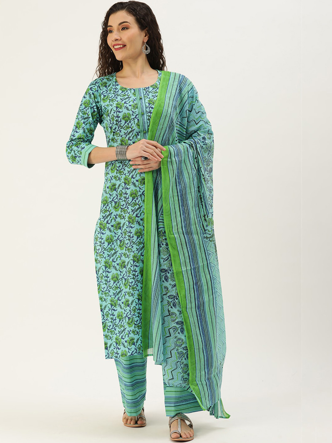 

Somras Women Sea Green Floral Printed Pure Cotton Kurta with Palazzos & With Dupatta