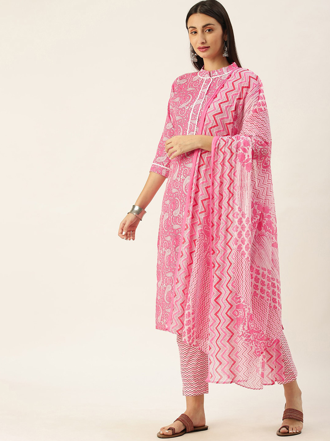 

Somras Women Pink & White Ethnic Motifs Printed Pure Cotton Kurta with Trousers & Dupatta