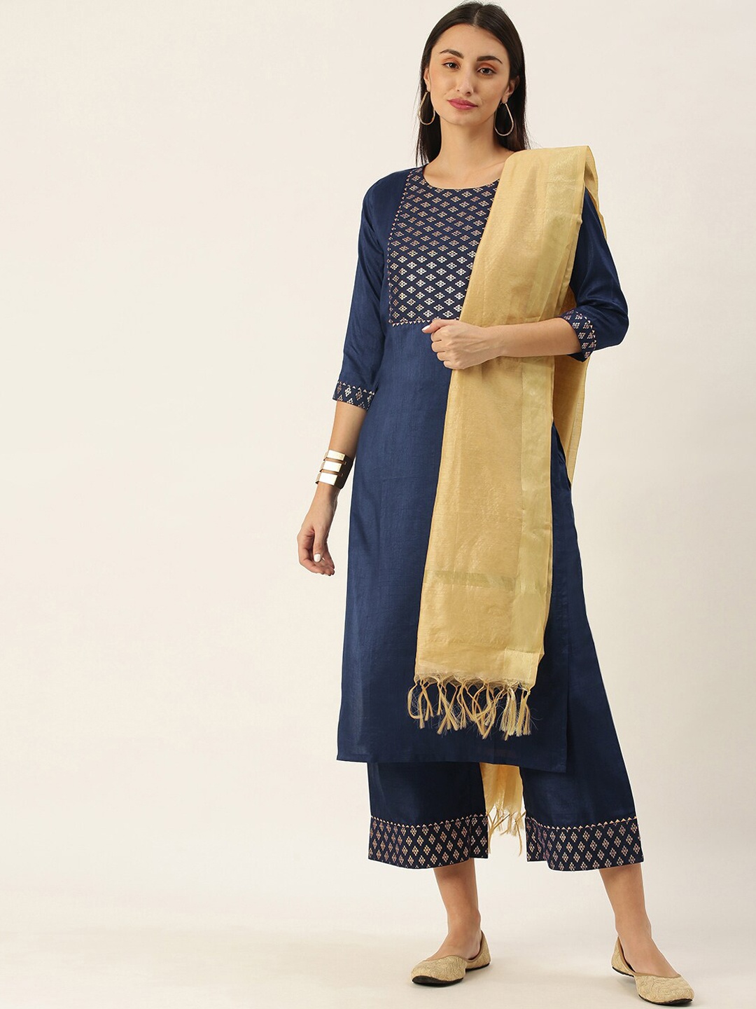 

Somras Women Navy Blue & Gold-Toned Yoke Design Kurta with Palazzos & Dupatta