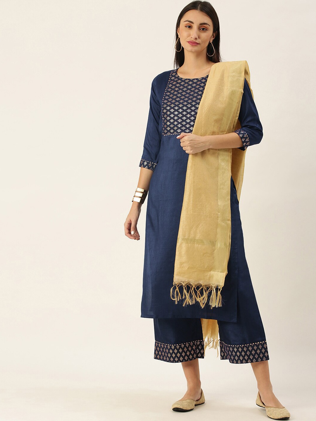 

Somras Women Navy Blue Ethnic Motifs Yoke Design Kurta with Palazzos & With Dupatta