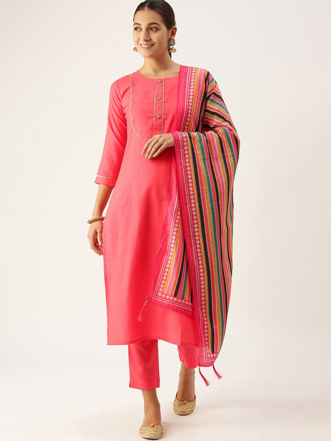 

Somras Women Maroon Striped Kurta with Trousers & Dupatta