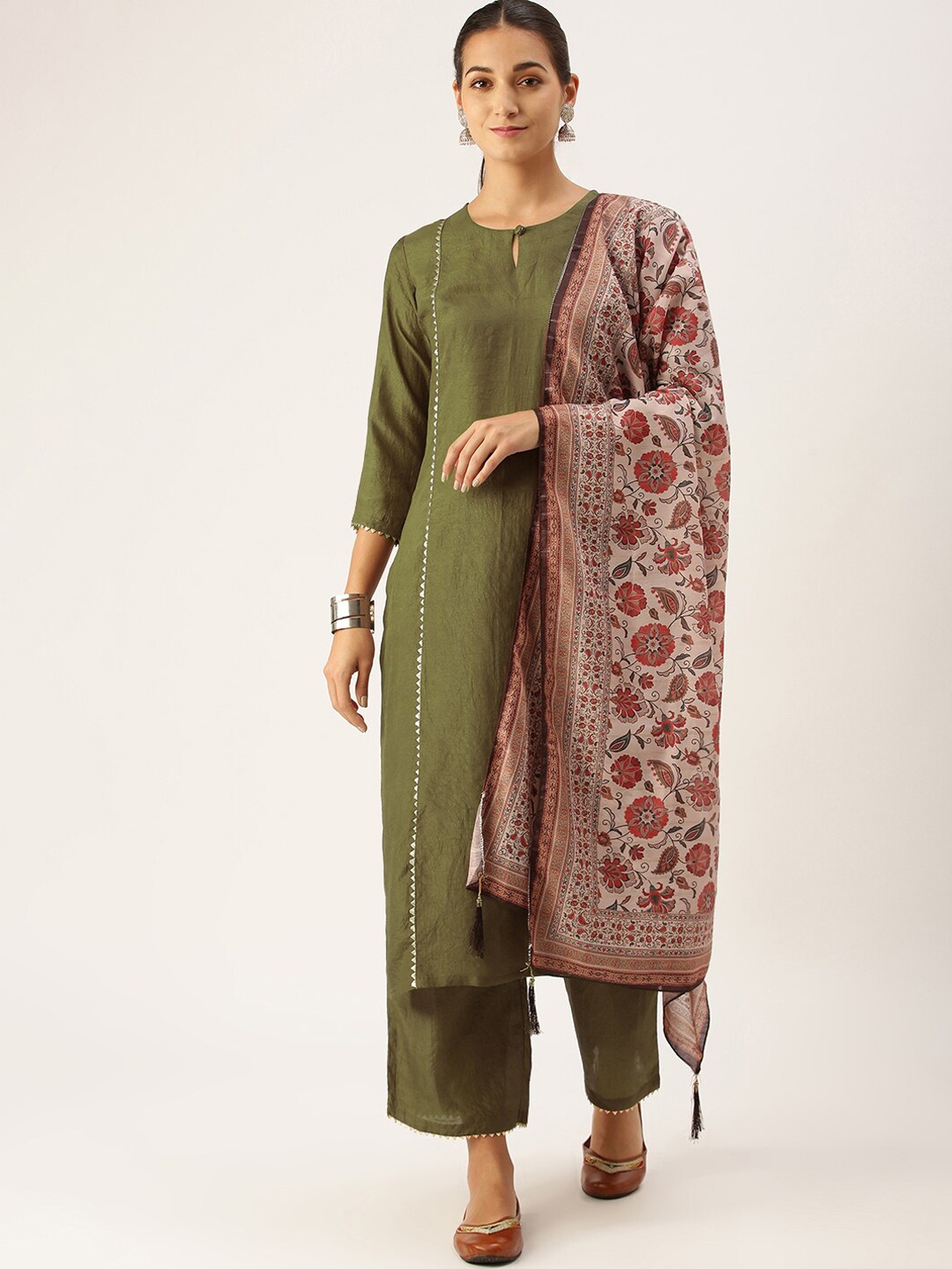 

Somras Women Olive Green Empire Gotta Patti Kurta with Palazzos & With Dupatta