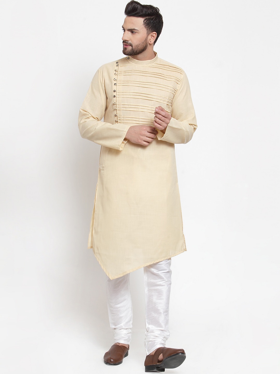 

TREEMODA Men Beige Angrakha Linen Kurta with Churidar