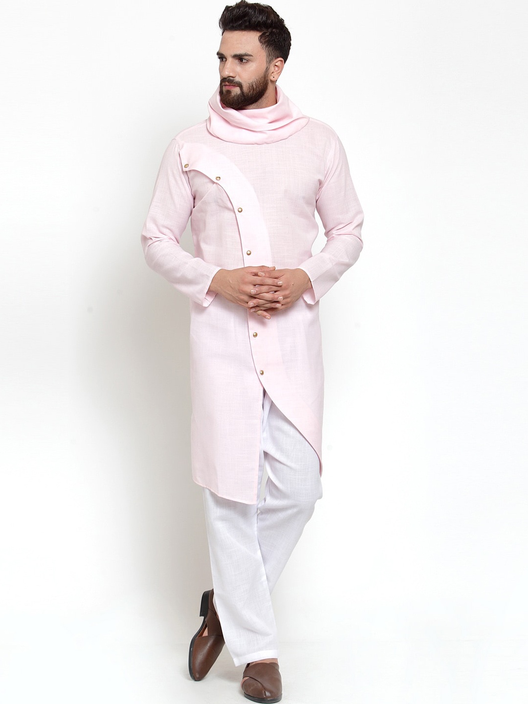 

TREEMODA Men Pink & White Cowl Neck Angrakha Linen Kurta with Aligarh
