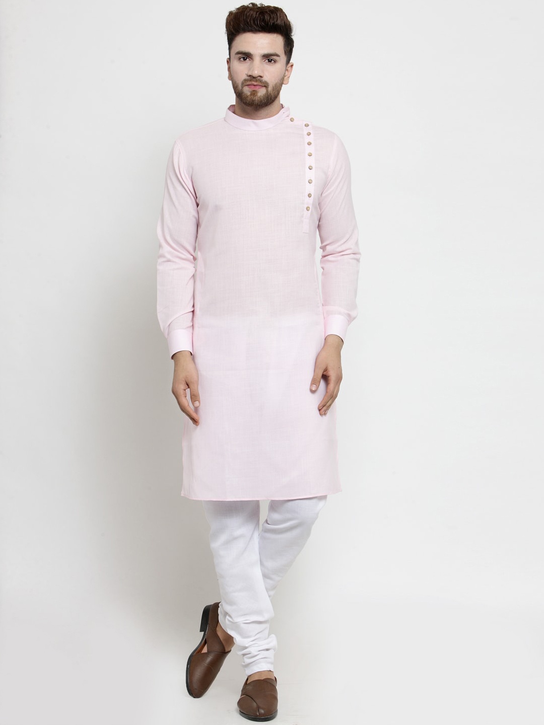 

TREEMODA Men Pink & White Angrakha Linen Kurta with Pyjamas