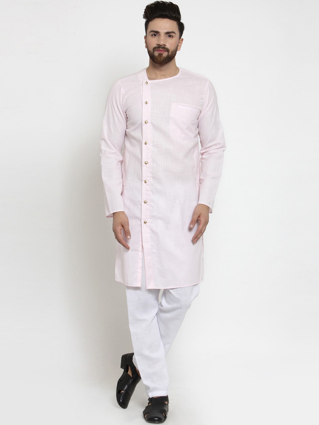 

TREEMODA Men Pink Angrakha Linen Kurta with Pyjamas