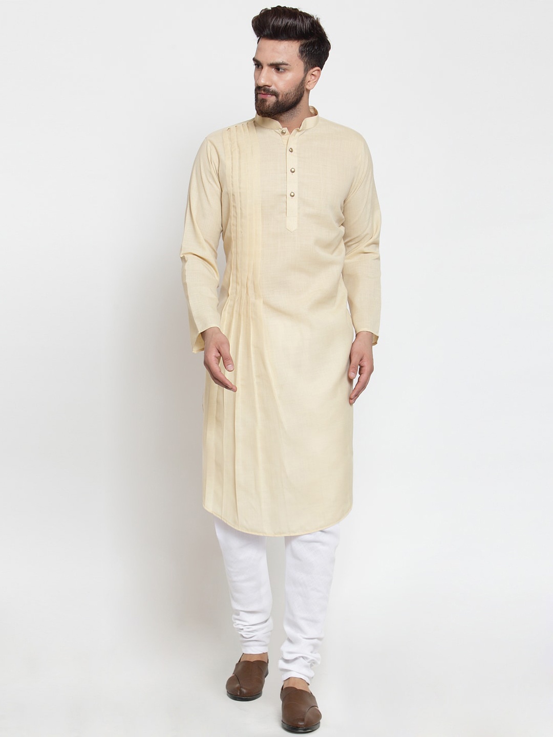 

TREEMODA Men Beige Pleated Linen Kurta with Pyjamas