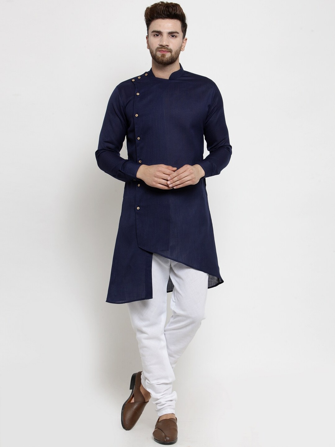 

TREEMODA Men Navy Blue Angrakha Linen Kurta with Churidar