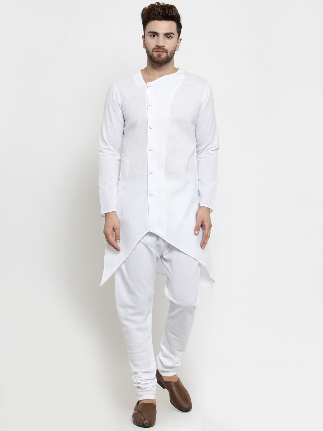 

TREEMODA Men White Angrakha Linen Kurta with Churidar