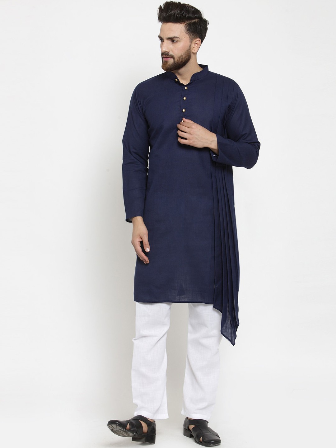 

TREEMODA Men Navy Blue Pleated Linen Kurta with Trousers