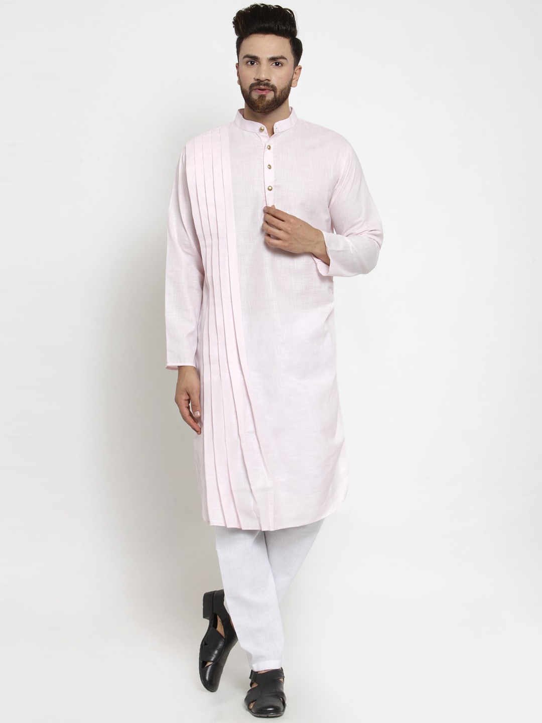 

TREEMODA Men Pink Pleated Linen Kurta with Pyjamas