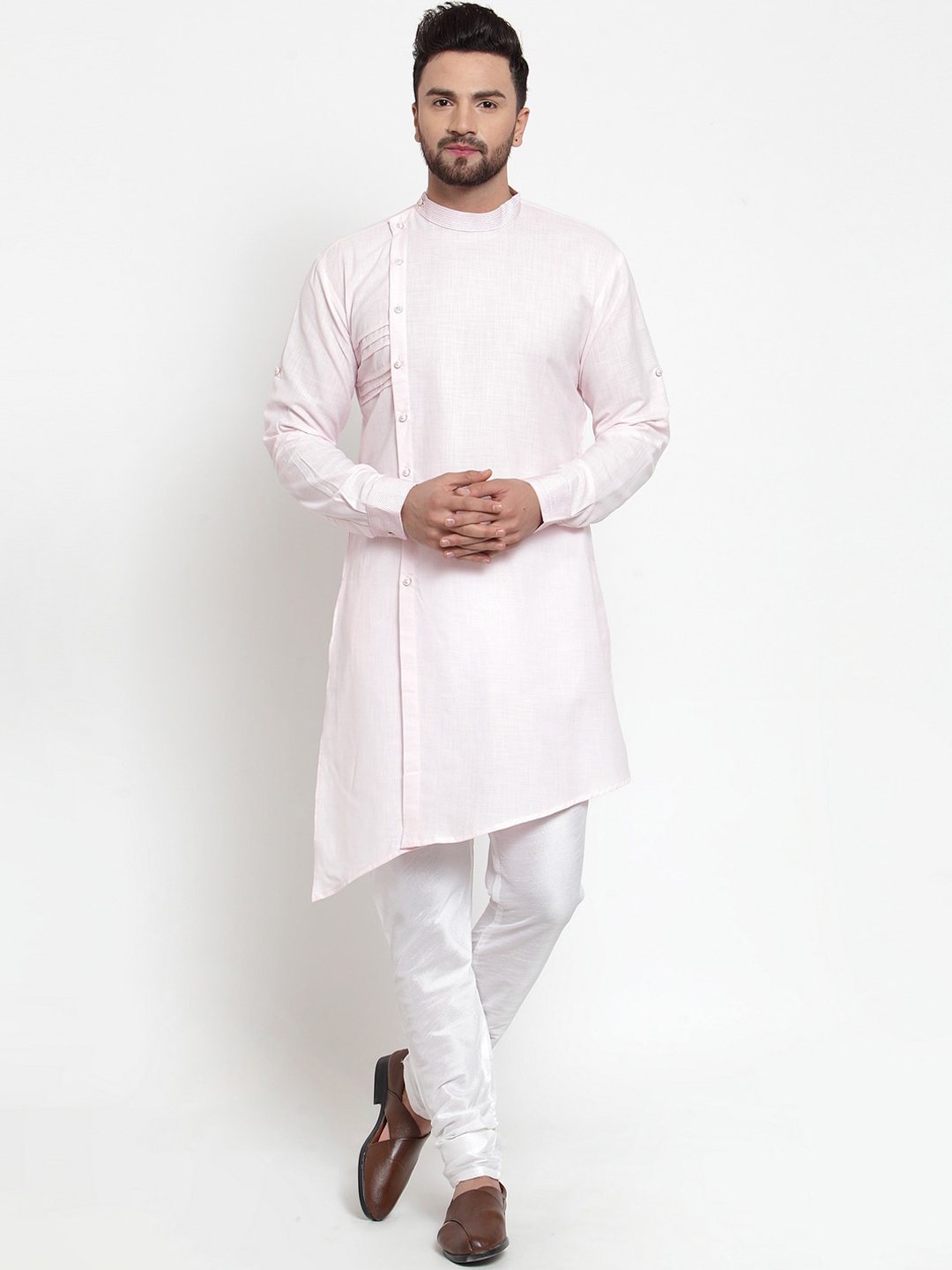 

TREEMODA Men Pink Angrakha Linen Kurta with Pyjamas