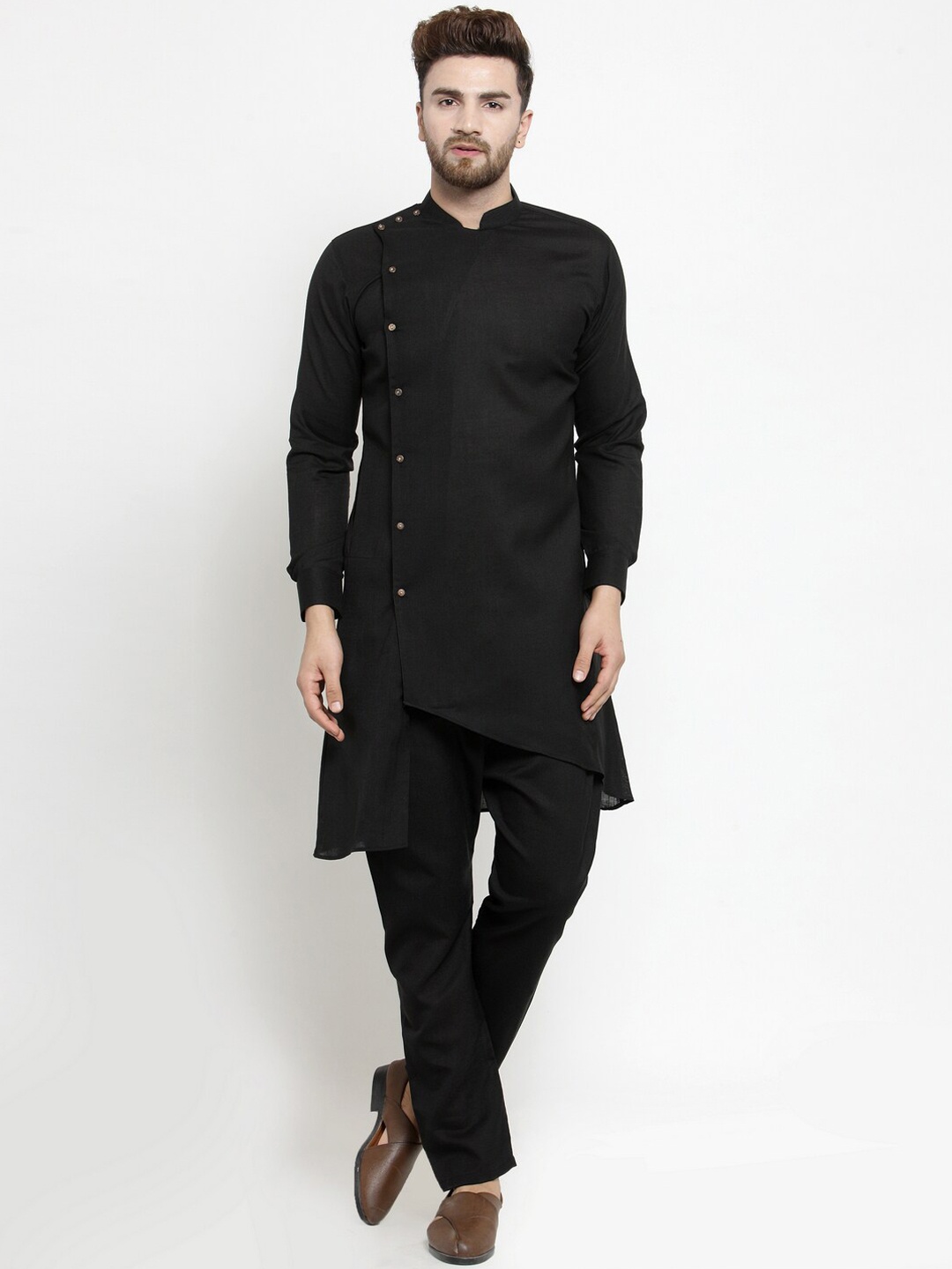 

TREEMODA Men Black Angrakha Linen Kurta with Pyjamas