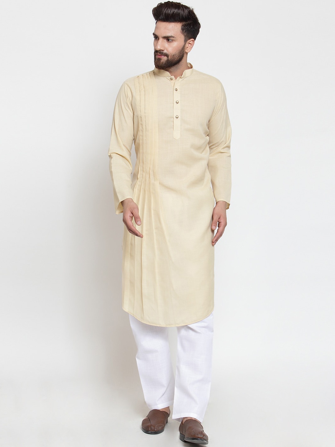 

TREEMODA Men Beige Pleated Linen Kurta with Pyjamas