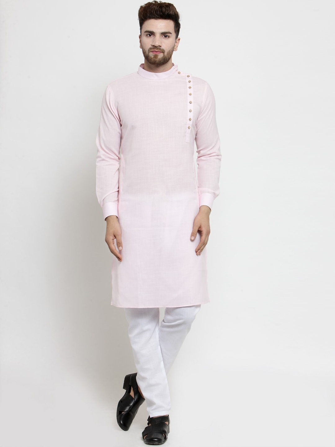 

TREEMODA Men Pink Striped Angrakha Linen Kurta with Pyjamas