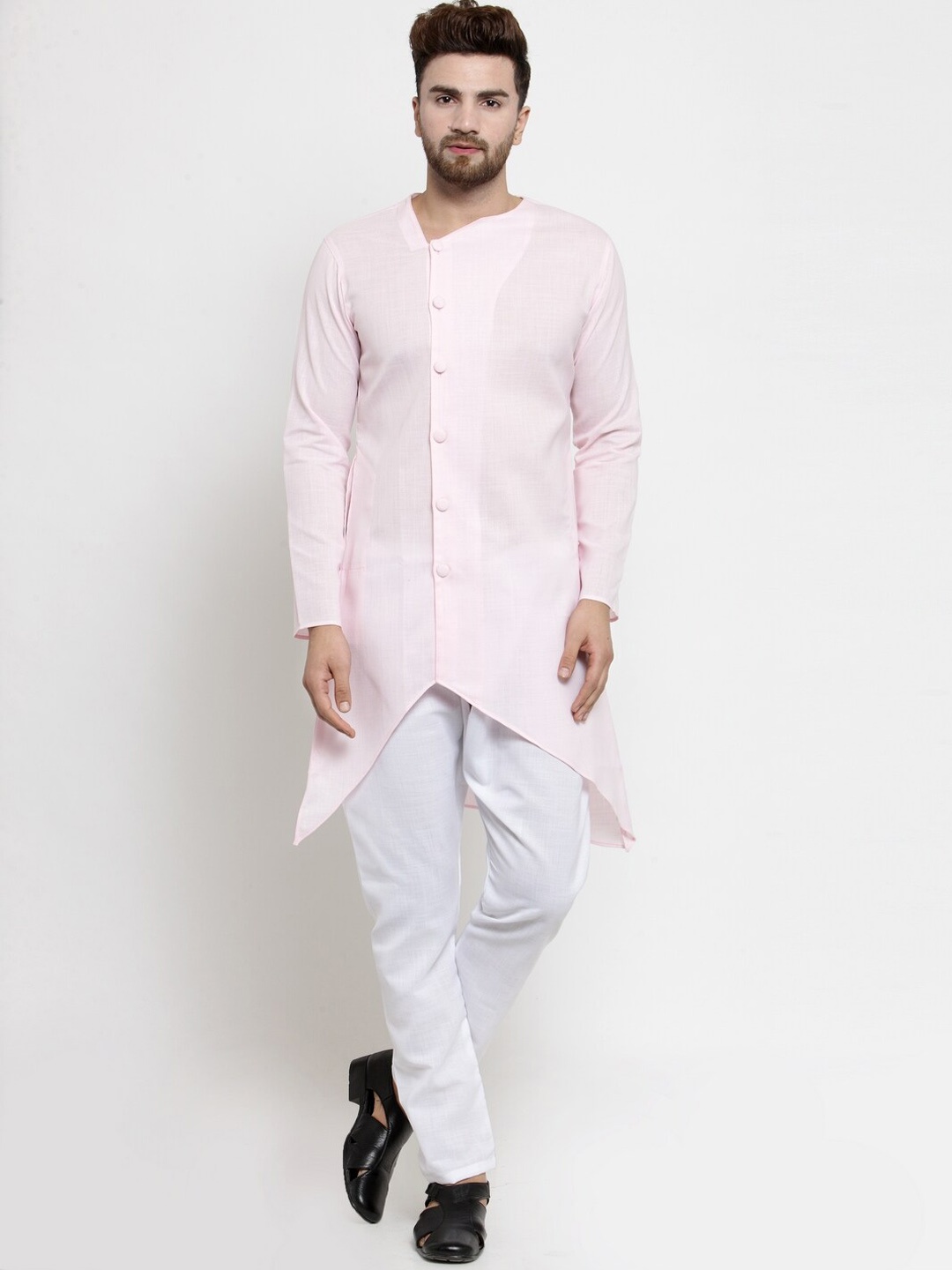 

TREEMODA Men Pink Angrakha Linen Kurta with Pyjamas