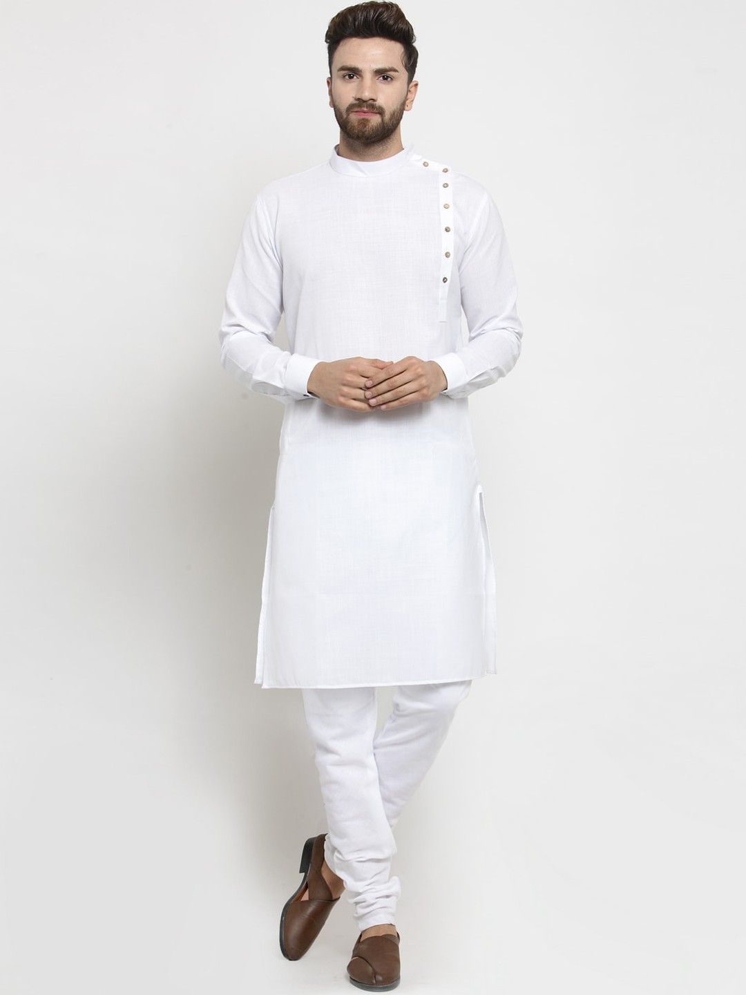 

TREEMODA Men White Angrakha Linen Kurta with Churidar