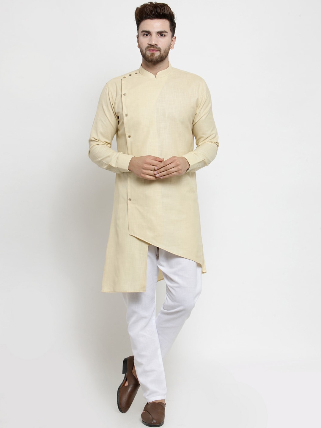

TREEMODA Men Beige & White Angrakha Linen Kurta with Aligarh