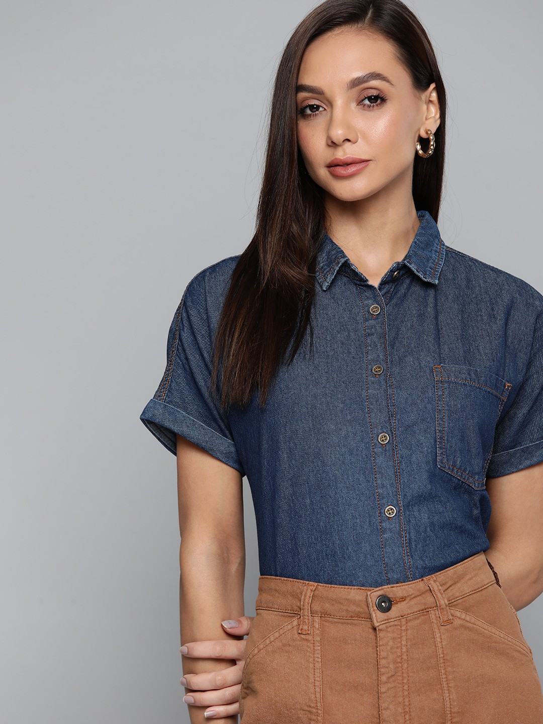 

Chemistry Women Blue Casual Denim Shirt