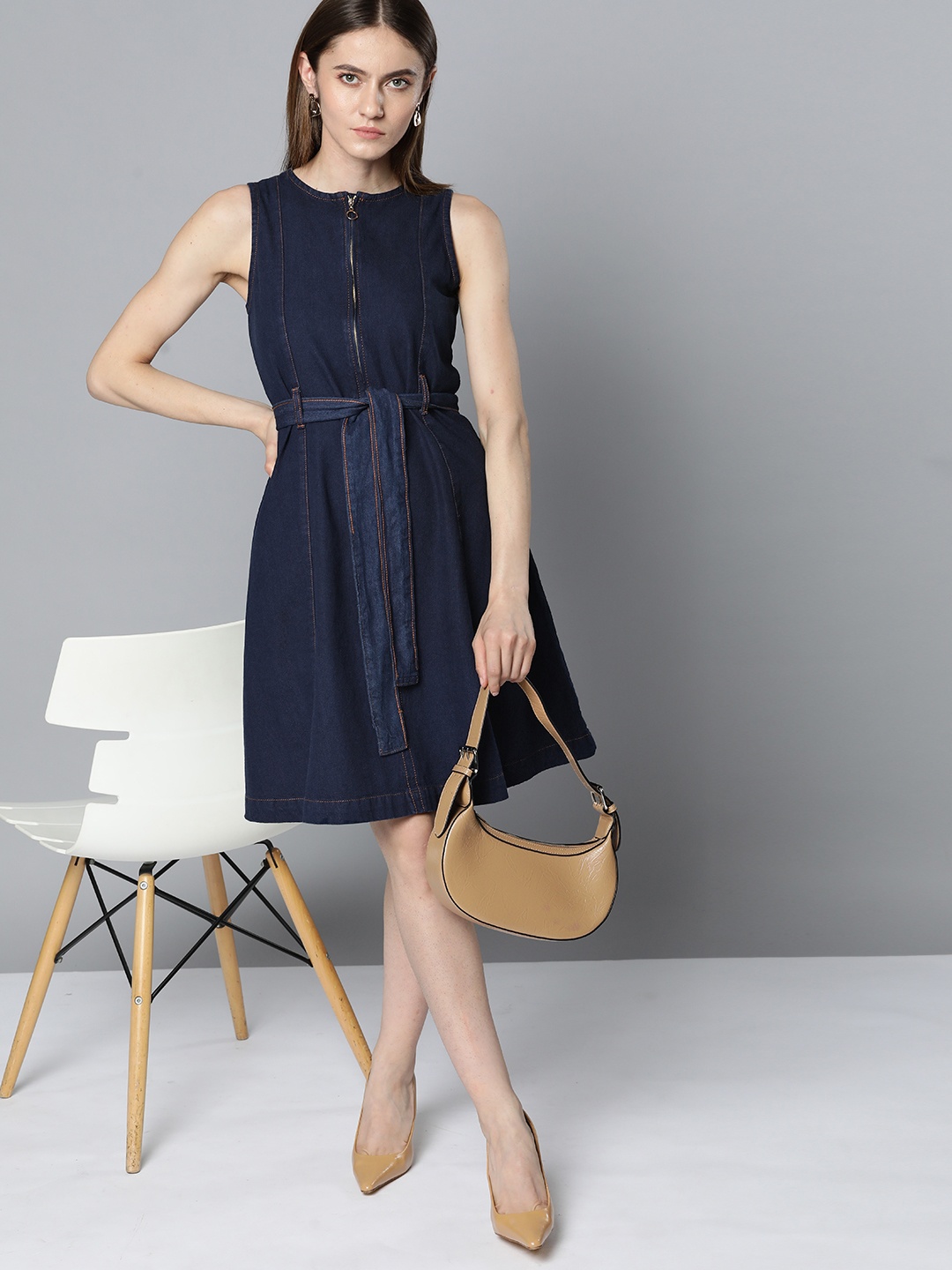 

Chemistry Navy Blue Pure Cotton Solid Denim A-Line Dress