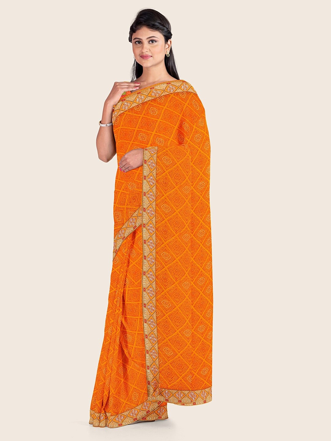 

Pothys Mustard & Gold-Toned Geometric Printed Poly Chiffon Saree