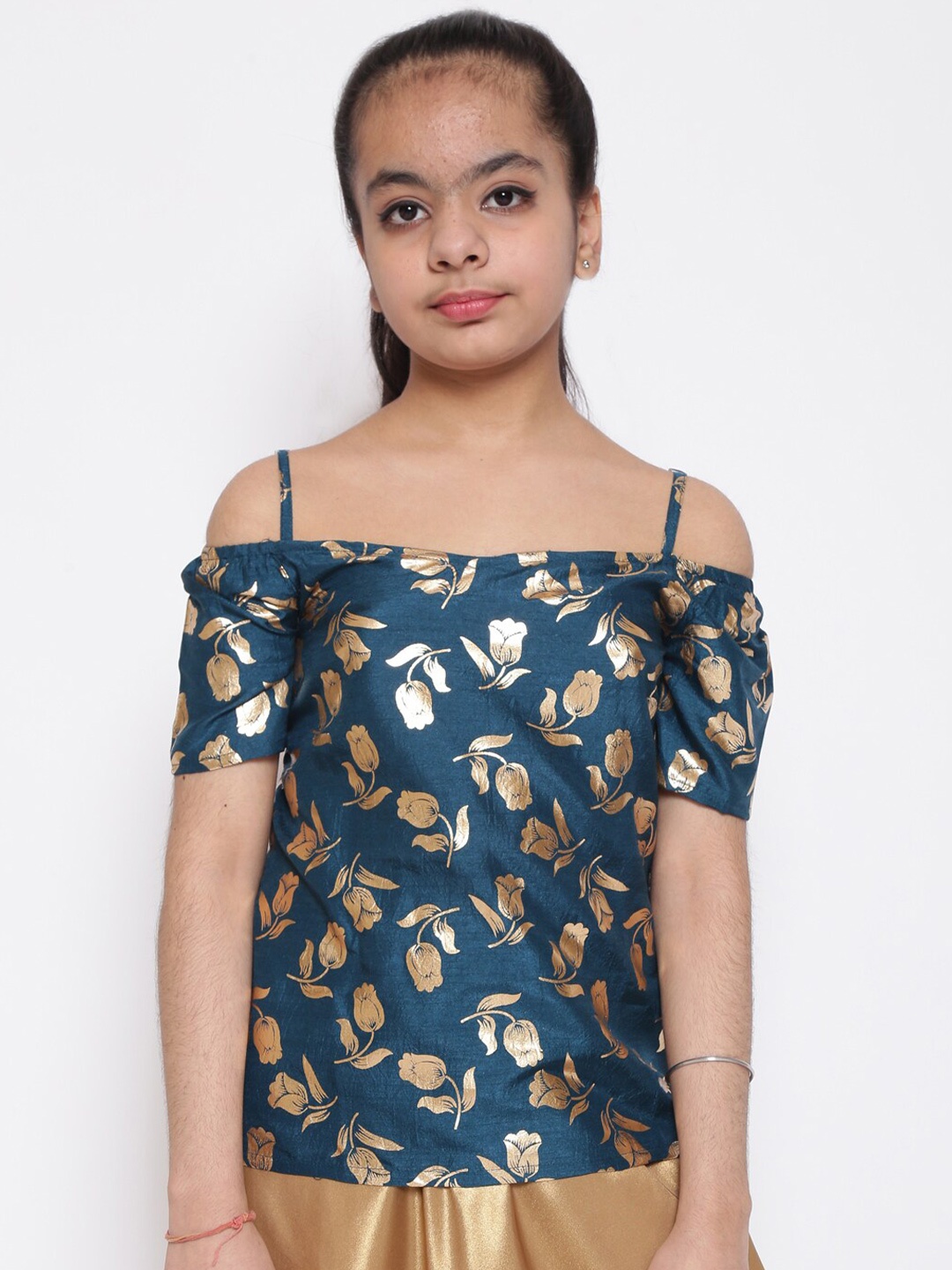 

titliyan Blue & Gold-Toned Foil Print Bardot Top