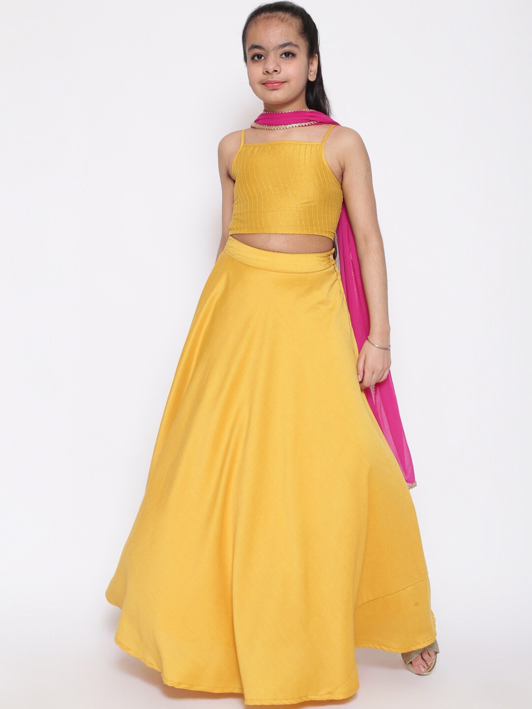 

titliyan Girls Yellow & Pink Embellished Sequinned Ready to Wear Lehenga & Blouse With Dupatta