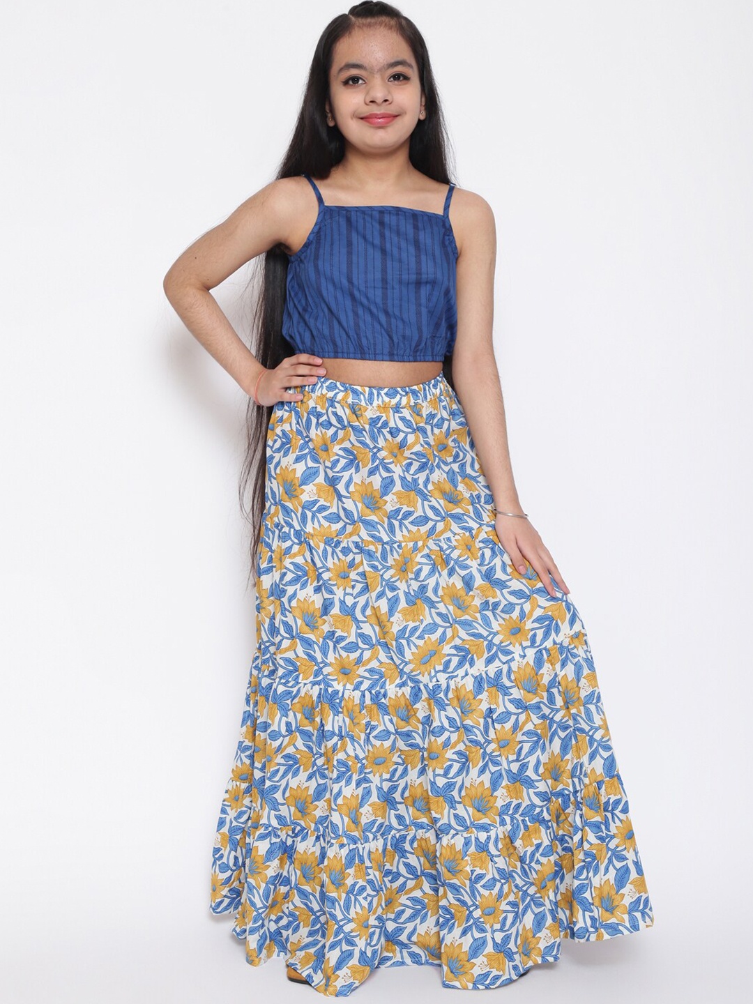 

titliyan Girls Blue & Yellow Printed Top with Skirt