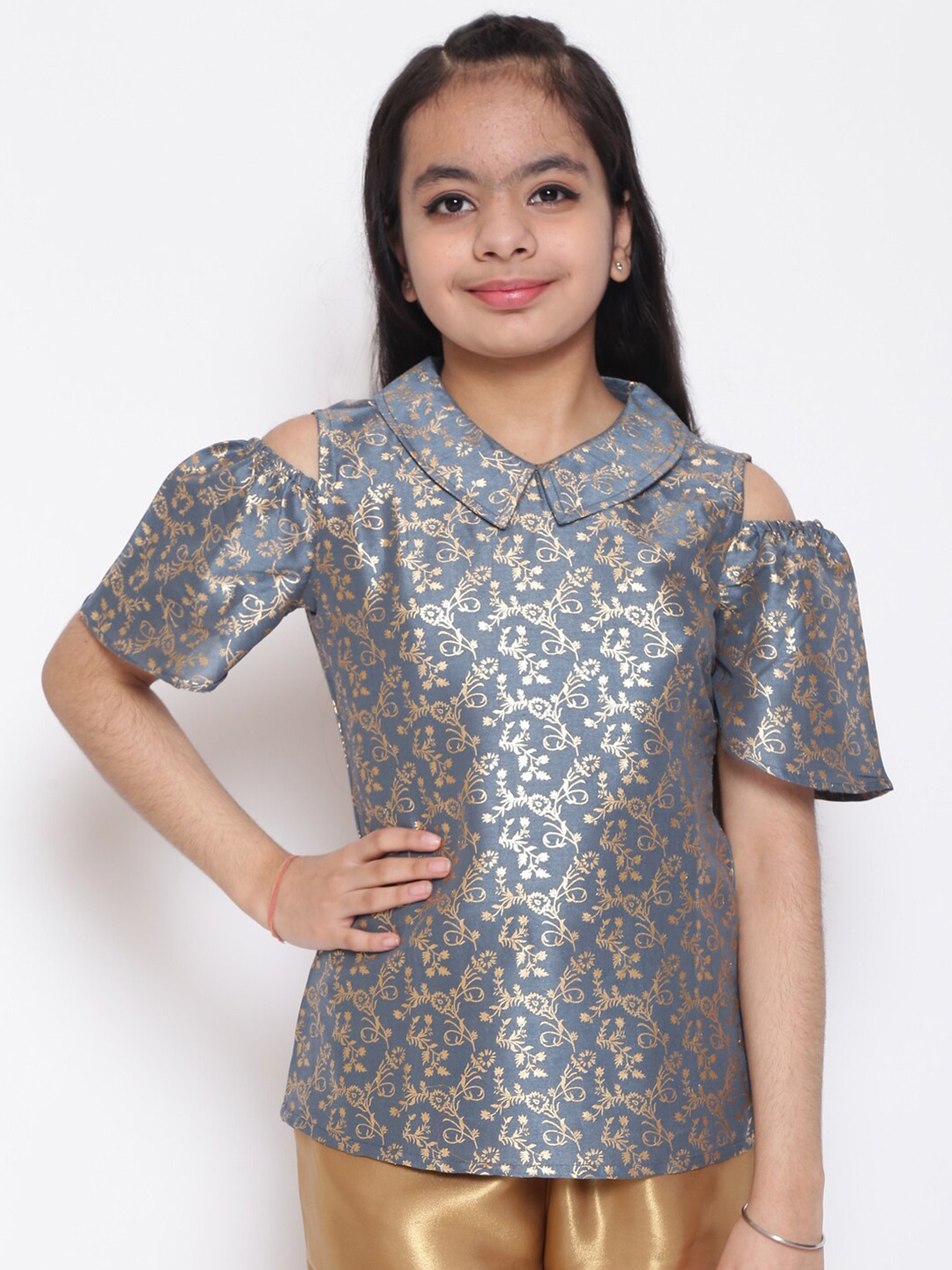 

titliyan Grey Floral Foil Print Cold Shoulder Top