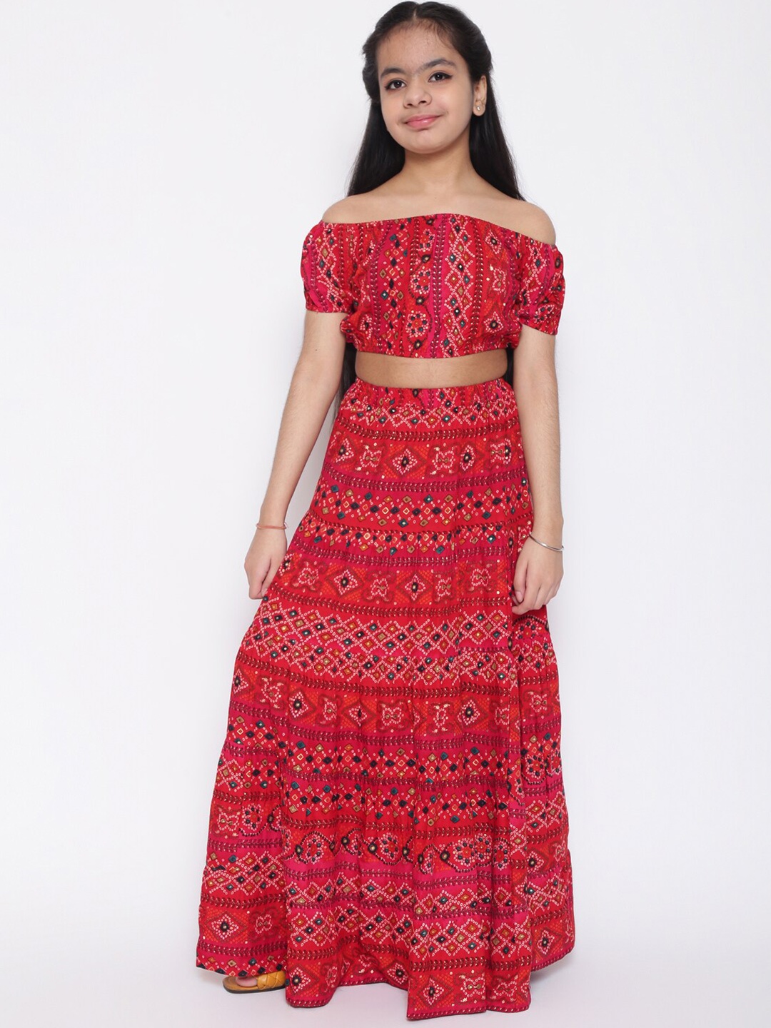 

titliyan Girls Red & Multi Color Bandhani Printed Top with Skirt