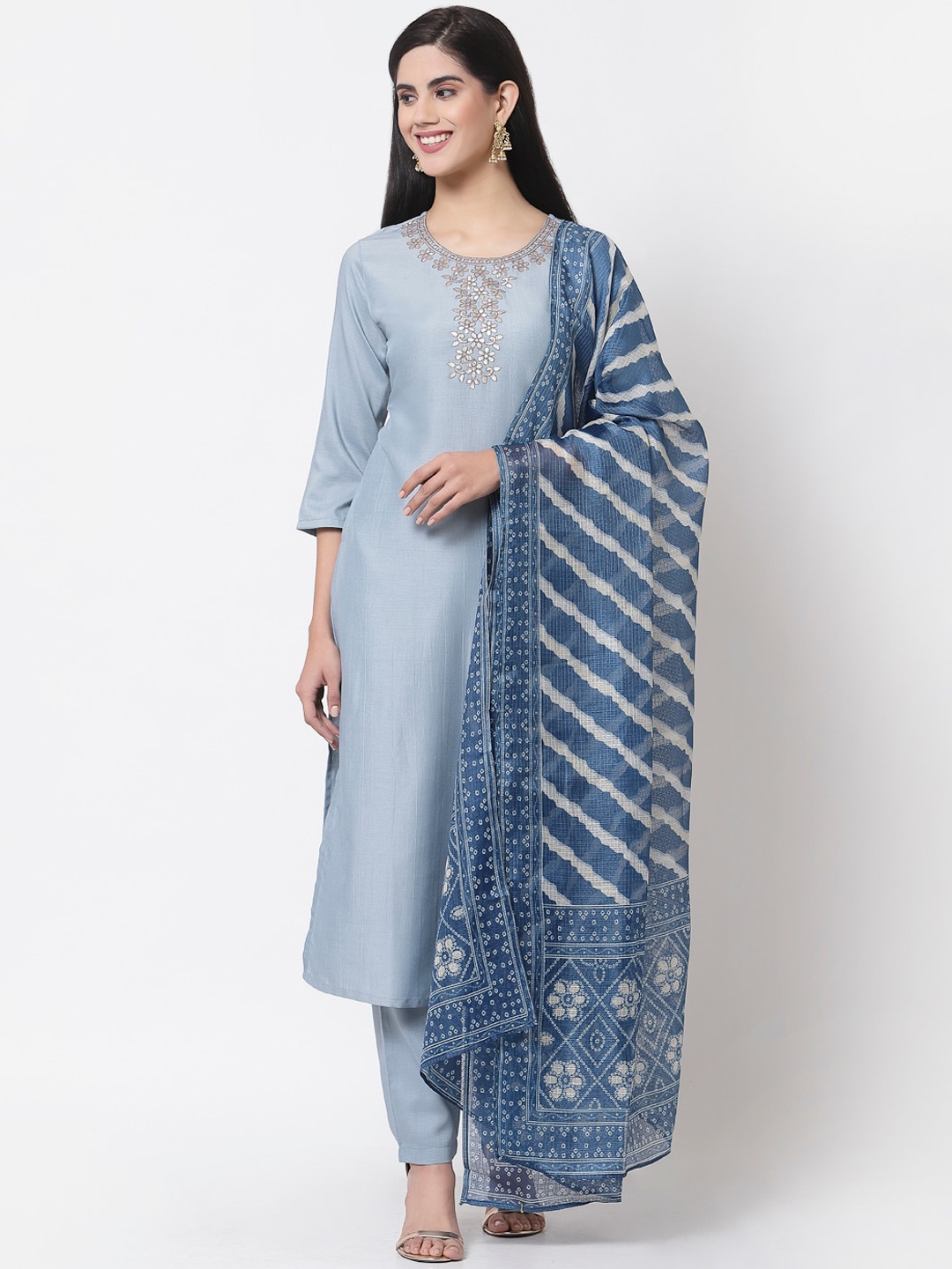 

Myshka Women Blue Yoke Design Kurta with Trousers & Dupatta