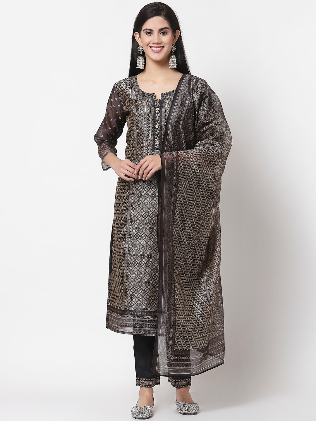 

Myshka Women Black Ethnic Motifs Printed Chanderi Silk Kurta with Trousers & With Dupatta