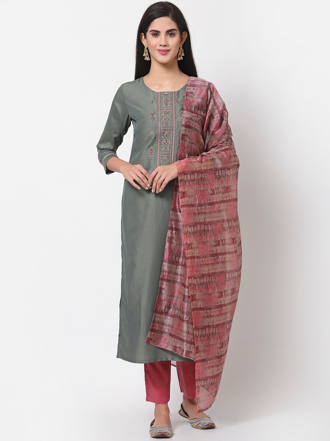 

Myshka Women Grey Floral Embroidered Kurta with Trousers & With Dupatta